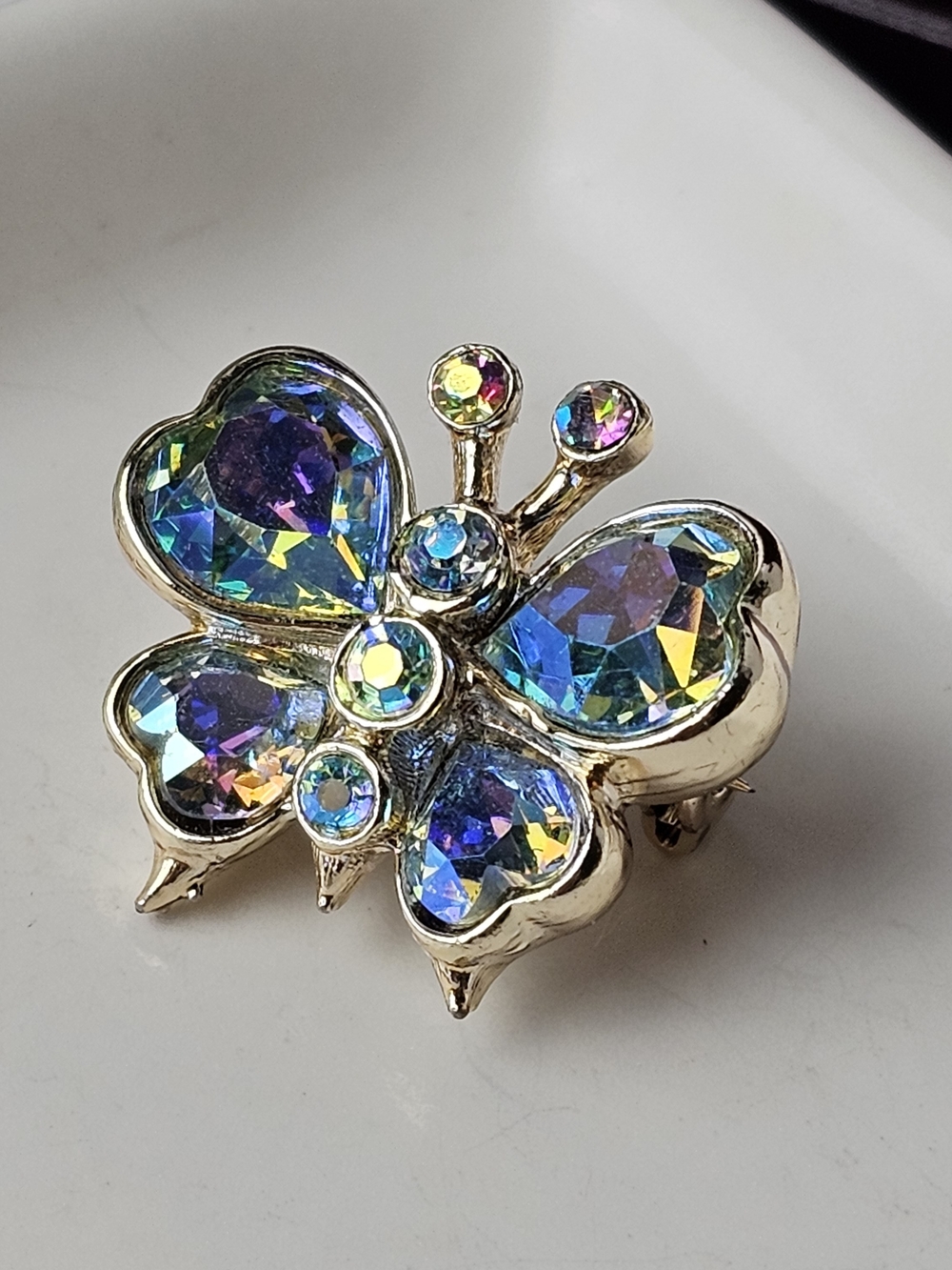 Vintage Weiss Butterfly Brooch Gold Tone Blue Iridescent Aurora Borealis Small